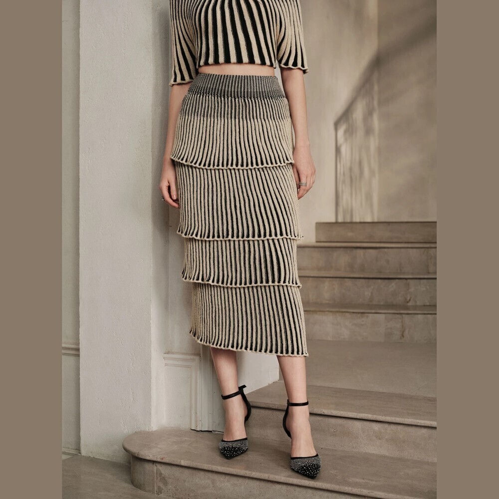 Cream Black Striped Ribbed Knit Tiered Midi Skirt